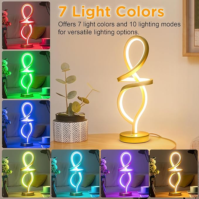 Modern Table Lamp,RGB Table Lamp，LED Spiral Lamp, Gold Bedside Lamp with 7 Colors 10 Light Modes, Touch Dimmable Nightstand Lamp for Bedroom Living Room Home Office, 15W - LeafyLoom