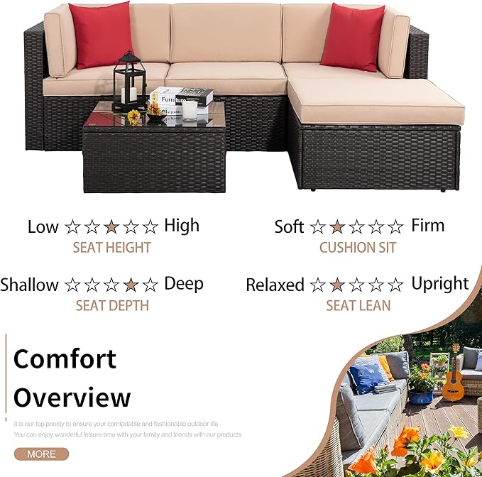 Shintenchi 5 Pieces Patio Furniture Sets Outdoor All-Weather Sectional Patio Sofa Set PE Rattan Manual Weaving Wicker Patio Conversation Set with Glass Table&Ottoman Cushion and Red Pillows - LeafyLoom