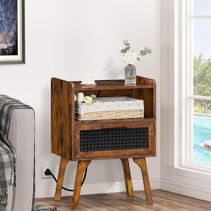 Lerliuo Rattan Nightstands Set of 2 with Charging Station, Boho Side Table with Drawer Open Shelf, Cane Accent Bedside End Table with Solid Wood Legs for Bedroom, Dorm and Small Spaces (Brown) - LeafyLoom