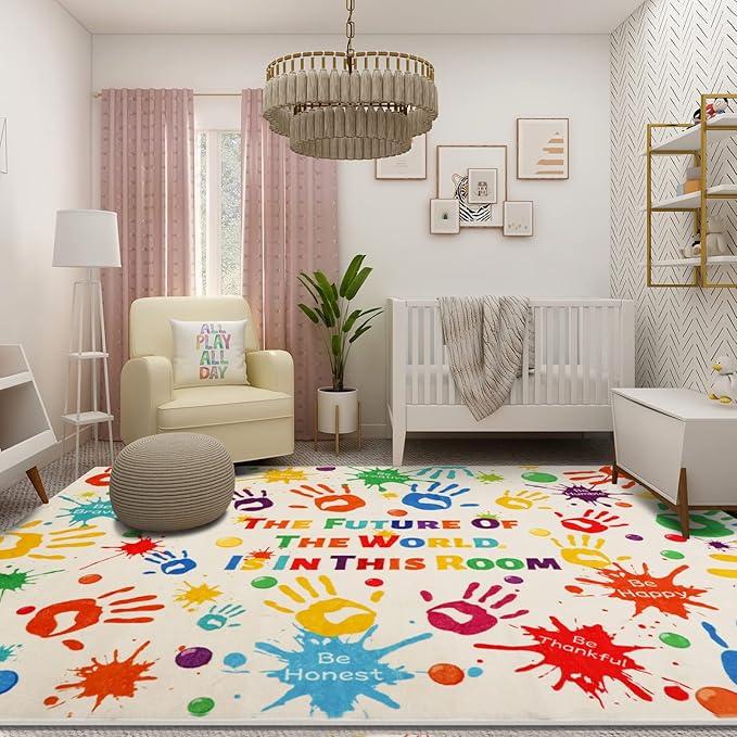 Colorful Kids Rug, Washable Rug for Kids, Handprints Area Rugs for Kids Bedroom, Non-Slip Play Mat Ultra Soft Thick Indoor Plush Rugs for Playroom Classroom Nursery Decor (78.7 X 59 INCH) - LeafyLoom