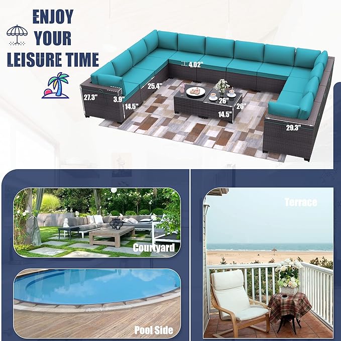 Patio Furniture Set 14-Pieces Outdoor Furniture for Backyard Wicker Sectional Sofa Set, Rattan Patio Conversation Set with Thickened Cushions and Glass Coffee Table, Blue - LeafyLoom