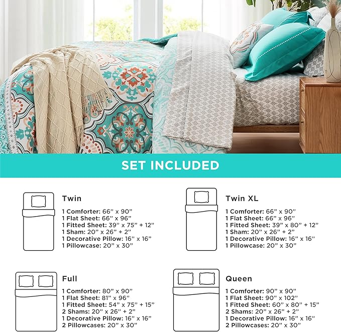 Degrees of Comfort Twin Bed in A Bag 6 Piece, Lattice Boho Bedding Sets for Teen Girls, Aqua Floral Bed Set, Microfiber Colorful Comforter Set with Sheets, Matching Decorative Pillow - LeafyLoom