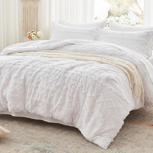 Anluoer Full Comforter Set 7 Pieces, White Tufted Bed in a Bag with comforters and sheets, All Season Bedding Sets with 1 Comforter, 2 PillowShams, 2 Pillowcases, 1 Flat Sheet, 1 Fitted Sheet - LeafyLoom