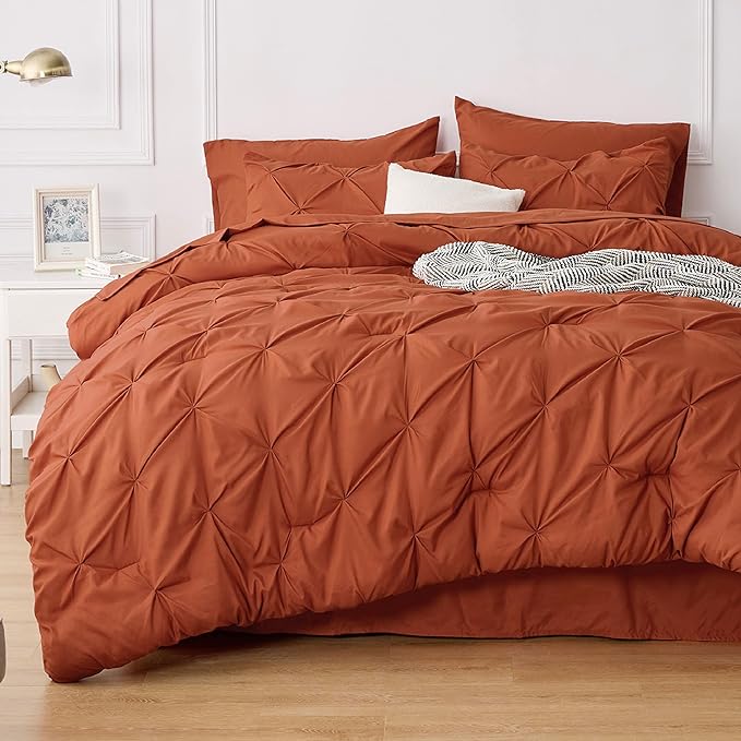 Bedsure Bed in a Bag Queen 7 Pieces - Queen Size Comforter Set, Pintuck Bedding Sets Burnt Orange Bed Set with Comforter, Sheets, Pillowcases & Shams - LeafyLoom