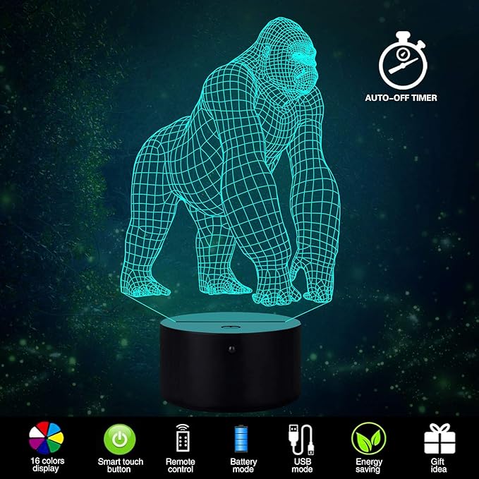 Elstey 3D Gorilla Lamp Mood Lamp 16 Color Nursery Night Lights Illusion Acrylic LED Table Bedside Lamp, Children Bedroom Desk Decor, Birthday Christmas Gift Cute Toy for Kids Adult - LeafyLoom