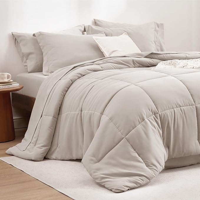 Bedsure Beige King Size Comforter Set - 7 Pieces Solid King Bed in a Bag, King Bed Set Beige with Comforters, Sheets, Pillowcases & Shams - LeafyLoom