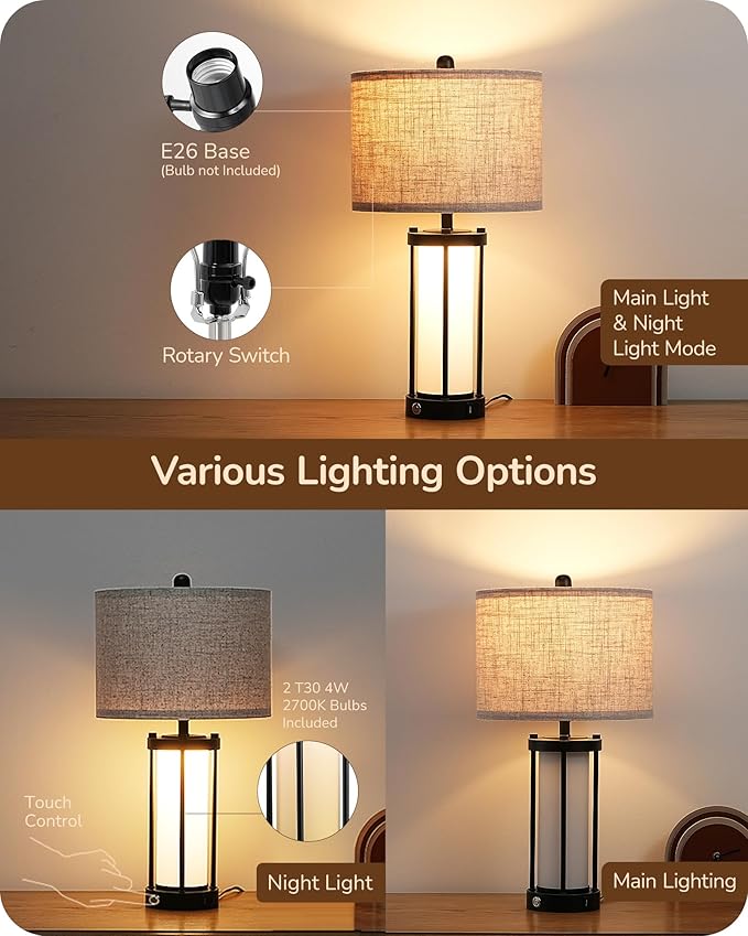 EDISHINE 22.44" Farmhouse Table Lamps with Night Light, 3 Way Dimmable Touch Control Bedside Lamp Set of 2, Rustic Nightstand Lamp for Living Room, Bedroom, A+C USB Ports, Frosted Glass Shade - LeafyLoom