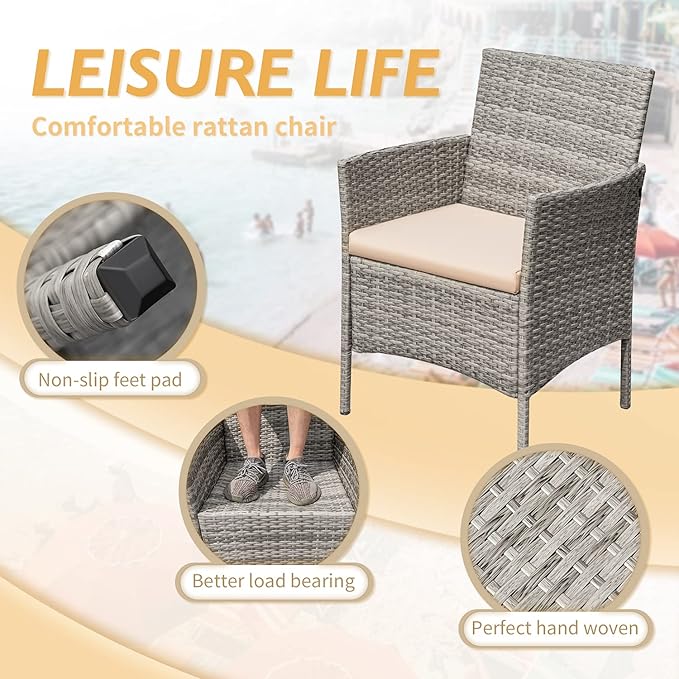 Greesum 3 Pieces Patio Furniture Sets Outdoor PE Rattan Wicker Chairs with Soft Cushion and Glass Coffee Table for Garden Backyard Porch Poolside, Gray and Beige - LeafyLoom