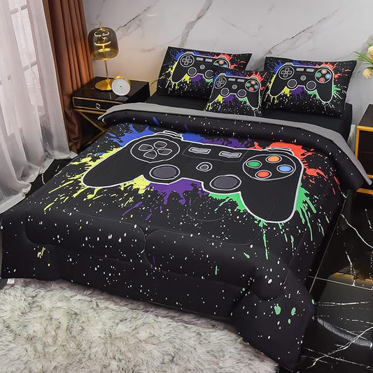 6Pcs Gamer Comforter Set with Sheets for Boys Girls Kids Teens, Colorful Graffiti Gaming Themed Bed in A Bag Full Size, Black 3D Video Game Controller Bedroom Decor Bedding Set - LeafyLoom