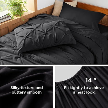 BEDSURE TwinXL Comforter Set with Sheets - 6 Pieces TwinXL Bedding Sets, Pinch Pleat Black Bed in a Bag with Comforters, Sheets & Skirt, Pillowcase & Sham, Kids Bedding Set - LeafyLoom