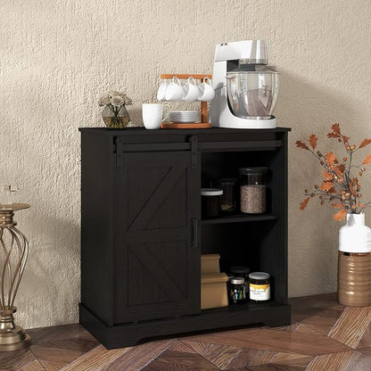 Panana Sliding Barn Door Buffet Sideboard Storage Cabinet Coffee Bar Kitchen Farmhouse Style (Black) - LeafyLoom