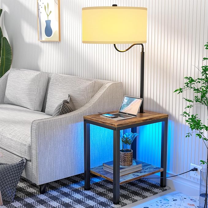 LED Floor Lamp with Table - Rustic Side Table with LED Light and Power Outlet, Bedside Nightstand with Lamp, End Table with Lamp Attached for Living Room, Bedroom, USB Ports, Bulb Included - LeafyLoom