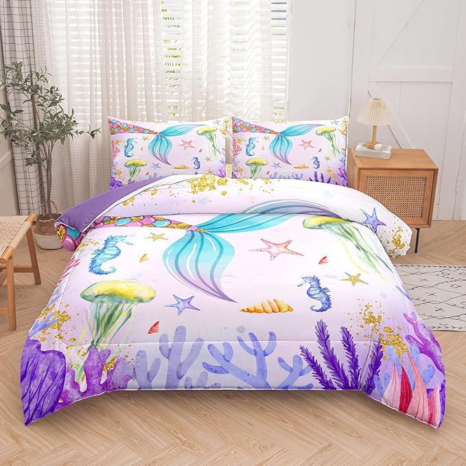 NINENINE Girls Mermaid Bedding Set,Mermaid Tail Comforter Set,Twin Size Bedding Sets for Girls,Princess Toddler Bedding Sets for Girls with 1 Comforter 1 Pillowcase… - LeafyLoom