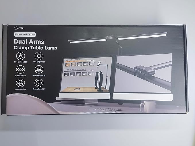 Hapfish LED Desk Lamps for Home Office, 24W Double Head Clip on Desk Light Bar with Light Sensor Function, 5 Color Modes and 5 Dimmable, Eye Protection Clamp Lamp for Monitor Studio Reading Study - LeafyLoom