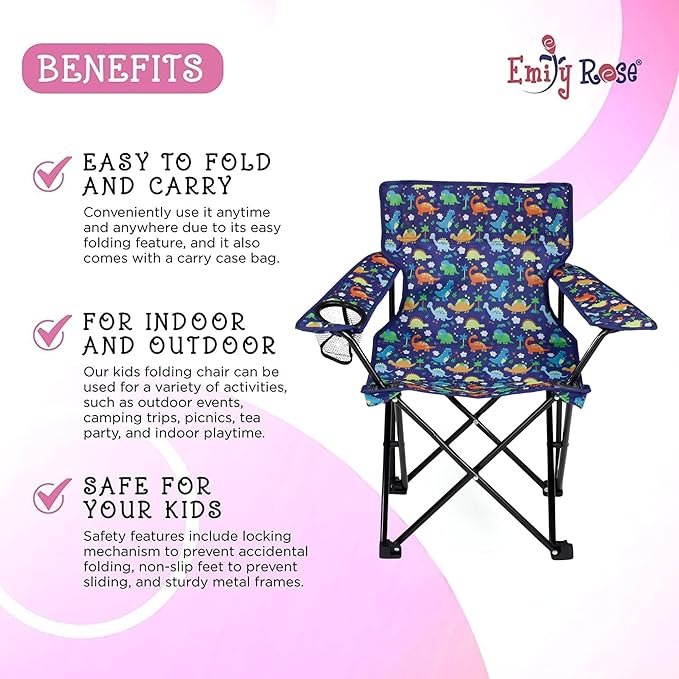 Emily Rose Kids Folding Chair | Beach Chair with Safety Lock- Camping Chair for Boyos Girls Toddler with Cup Holder & Carry Case- Tailgate, Travel, Lawn- for Indoor & Outdoor (Playful Dinosaurs) - LeafyLoom