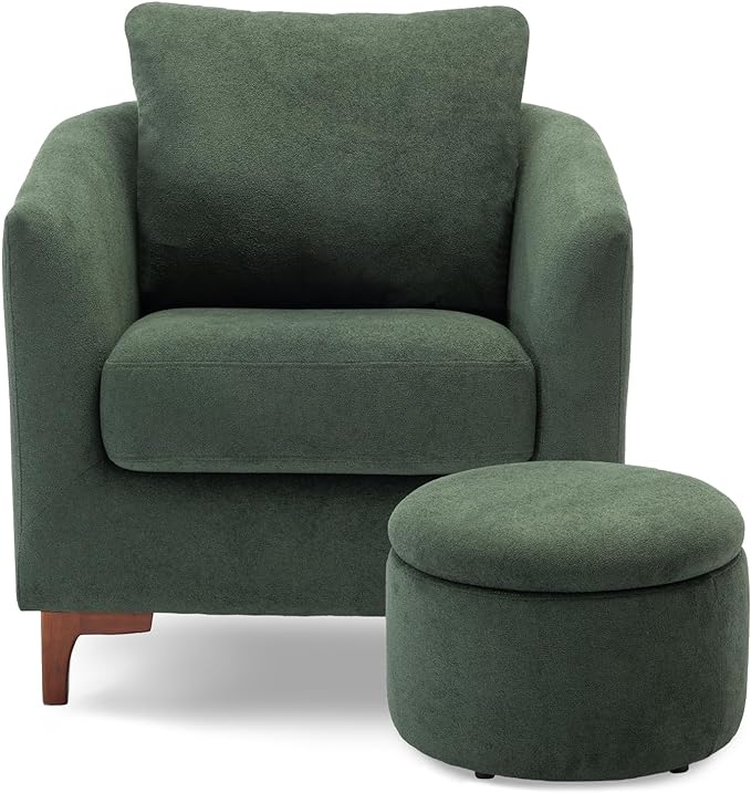 COLAMY Sherpa Accent Chair with Storage Ottoman Set, Upholstered Barrel Arm Chair with Footrest, Modern Living Room Chair with Back Pillow, Green - LeafyLoom