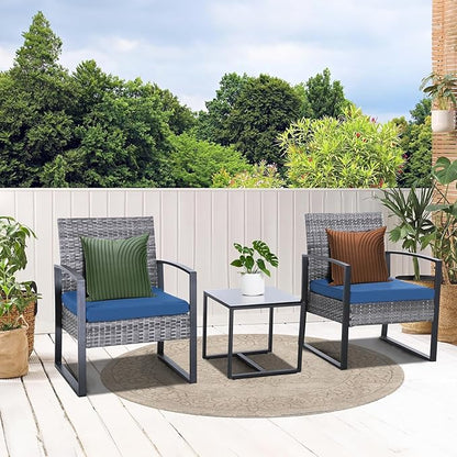 3 Pieces Patio Furniture Set, Outdoor Patio Set, Patio Bistro Set, All-Weather Wicker Conversation Set with Cushions Table for Porch Backyard (Gray-Blue) - LeafyLoom