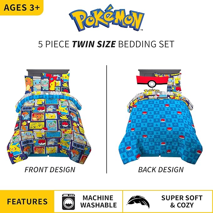 Franco Kids Bedding Super Soft Comforter and Sheet Set with Sham, 5 Piece Twin Size, Pokemon - LeafyLoom