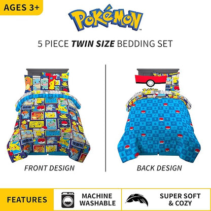 Franco Kids Bedding Super Soft Comforter and Sheet Set with Sham, 5 Piece Twin Size, Pokemon - LeafyLoom