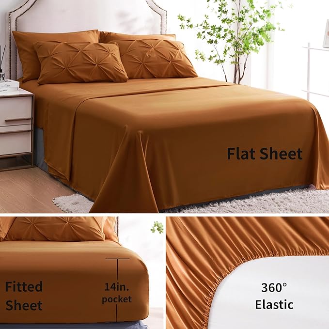 Ubauba 7pc Burnt Orange Queen Comforter Set, Rust 7 Piece Pintuck Bed in a Bag with Sheets, All Season Pinched Pleat Bedding Comforters & Sets,(Rustic, Queen Size) - LeafyLoom