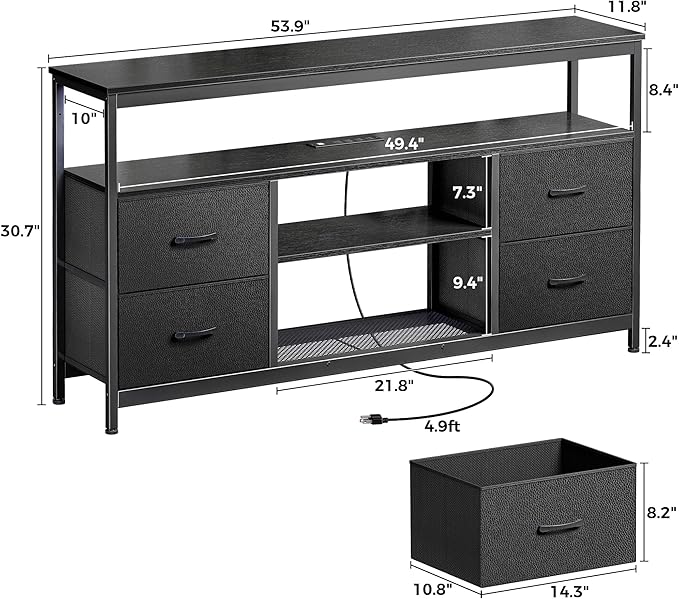 TV Stand Dresser with Power Outlets and LED Lights, 4 Drawers Entertainment Center with Shelf, 54 Inch Media Console for 55 60 Inch TV, 4 AC Outlets, 2 USBs, Dresser with PU Finish, Black - LeafyLoom