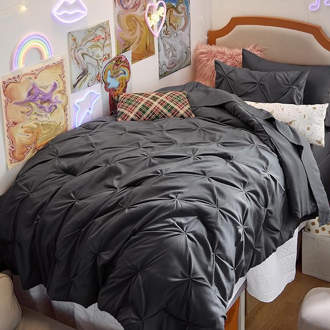 Bedsure Twin Comforter Set with Sheets - 5 Pieces Twin Bedding Sets, Pinch Pleat Dark Grey Twin Bed in a Bag with Comforter, Sheets, Pillowcase & Sham - LeafyLoom