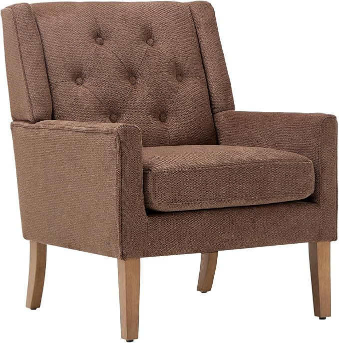 COLAMY Mid-Century Accent Chairs, Modern Wingback Living Room Chair, Upholstered Armchair with Button Tufted Back and Wood Legs for Bedroom/Office/Reading Spaces, Brown - LeafyLoom