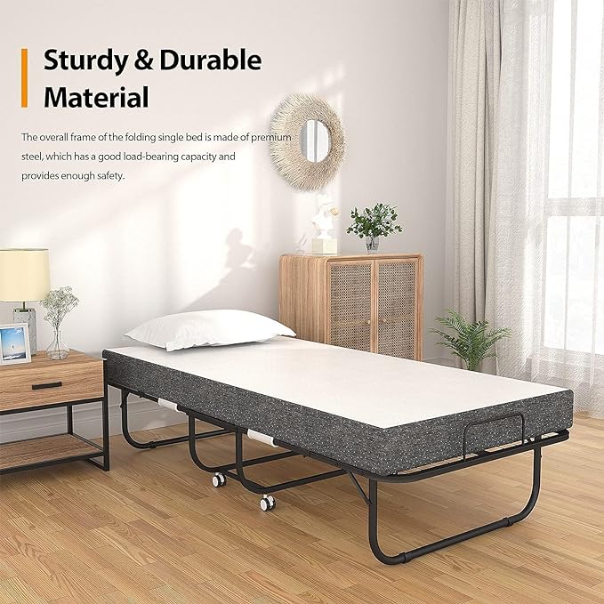 Foxemart Folding Bed with Mattress Portable Foldable Guest Beds Cot Size Rollaway Beds for Adults with Luxurious Memory 5 Inch Foam Mattress and Super Sturdy Frame, 75 x 31 Inch - LeafyLoom