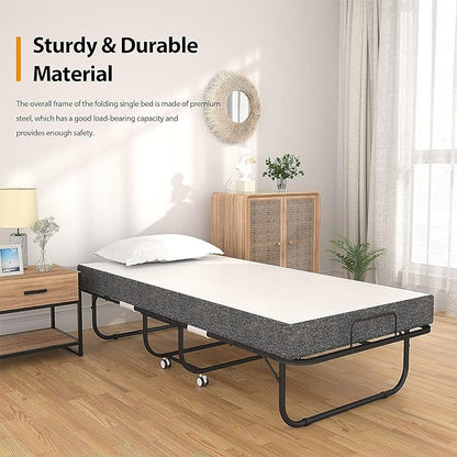 Foxemart Folding Bed with Mattress Portable Foldable Guest Beds Cot Size Rollaway Beds for Adults with Luxurious Memory 5 Inch Foam Mattress and Super Sturdy Frame, 75 x 31 Inch - LeafyLoom