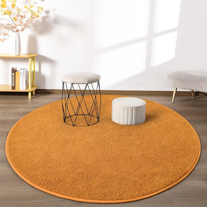 Round Area Rugs for Bedroom Living Room, 4x4 Orange Super Soft Comfy Thickened Memory-Foam Indoor Circle Carpets, Modern Aesthetic Minimalist Carpet for Boys Girls Adults Nursery Home Décor - LeafyLoom