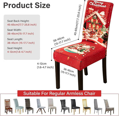 4PCS Christmas Dining Chair Covers Stretch Removable Washable Dining Room Chair Protector Slipcovers Santa Claus House Wreaths Kitchen Chair Cover Slipcover Protector for Xmas Holiday Party Home Décor CZL