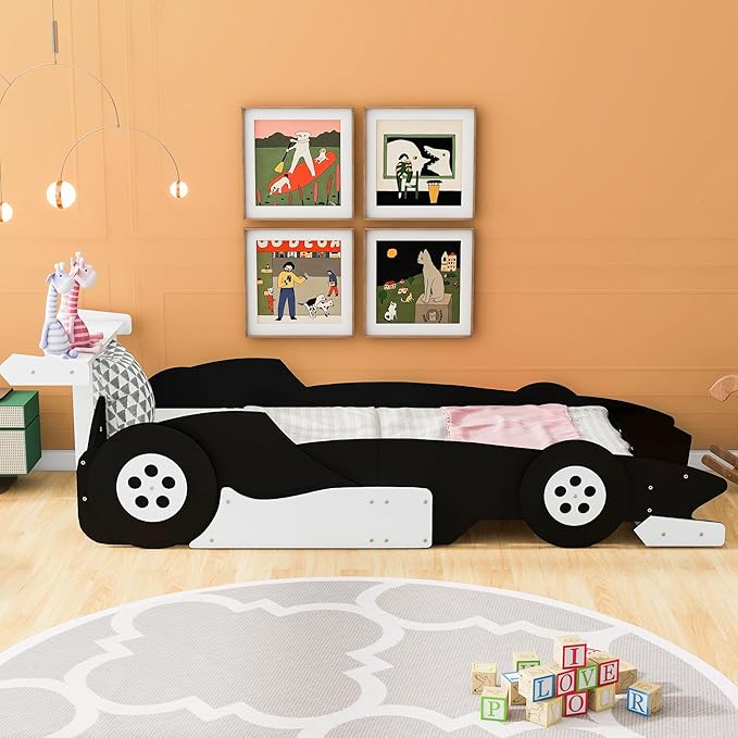 Twin Size Racecar Bed for Big Boys,Wood Platform Bedframe with Wheels & Safety Guardrail,Slats Support,Easy Assembly,Toddlers Kids Car Floor Beds for Fun Children's Bedroom,Black - LeafyLoom