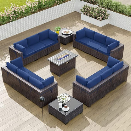 Kullavik 15PCS Outdoor Patio Furniture Set with 43" 55000BTU Gas Propane Fire Pit Table PE Wicker Rattan Sectional Sofa Patio Conversation Sets w/8 Coner Sofas,Dark Blue - LeafyLoom