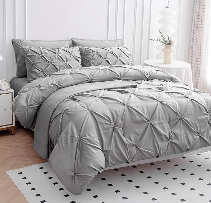 Lane Linen California King Comforter Set, 7 Piece Cal King Bed in a Bag, Pintuck Cal King Bedding Set, Soft Cali King Bed Set, Cal King Bedding Comforter Sets with Sheets, Pillowcases & Shams - Silver - LeafyLoom