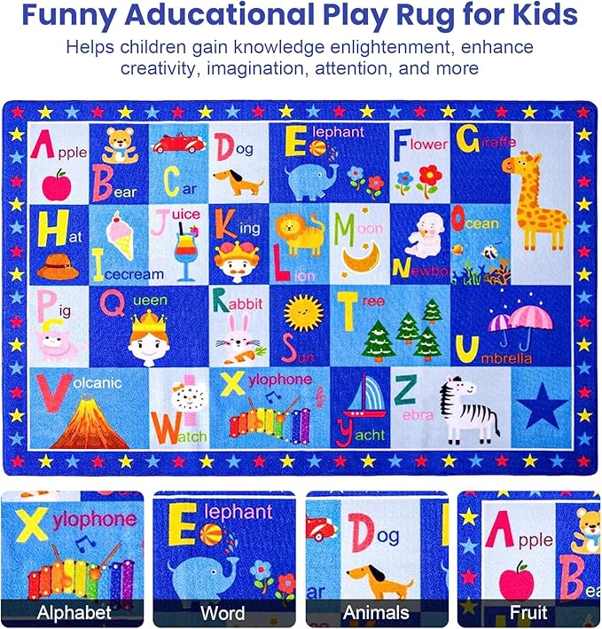 Terrug Kids Rugs ABC Alphabet Carpet Playmat, Word Educational Area Rug, Non Slip Cute Cartoon Daycare Supplies, Kids Gift for Playroom, Classroom, Bedroom and Nursery (3x5 Feet) - LeafyLoom