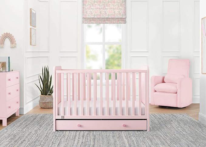 Delta Children babyGap Graham 4-in-1 Convertible Crib with Storage Drawer + Brannan Bear Bookcase with Bins + Brannan Bear Wall Shelf with 4 Hooks, Blush Pink/Dark Pink (Bundle) - LeafyLoom