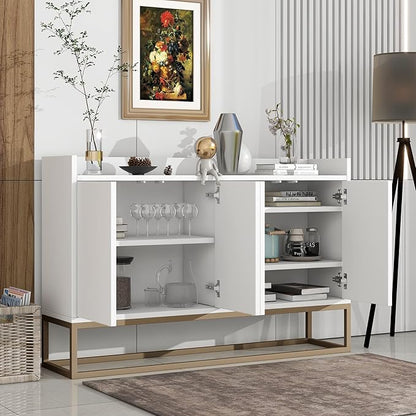 Sideboard Buffet Cabinet with Large Storage Space,Modern Particle Board Kitchen Console Table,W/ 4 Doors and Gold Metal Legs,Dining Room,Entryway,White, 47.2" - LeafyLoom