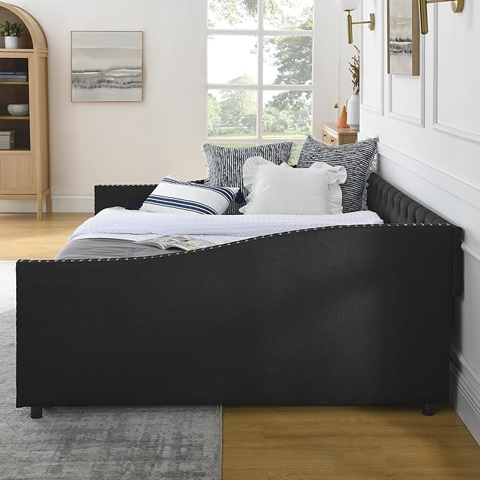 Queen Size Daybed with Two Storage Drawers, Linen Upholstered Tufted Sofa Bed w/Button on Back and Copper Nail on Waved Shape Arms, for Bedroom Living Room, No Box Spring Needed, Black - LeafyLoom