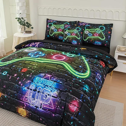 NINENINE 6PCS Gamer Bedding Sets for boys,Twin Comforter Sets for Boys, Gaming Bedding Sets for boys gamer Bedding Comforter Sheet Set(1Comforter,1Flat Sheet,1Fitted Sheet,1Cushion Cover,2Pillowcases - LeafyLoom