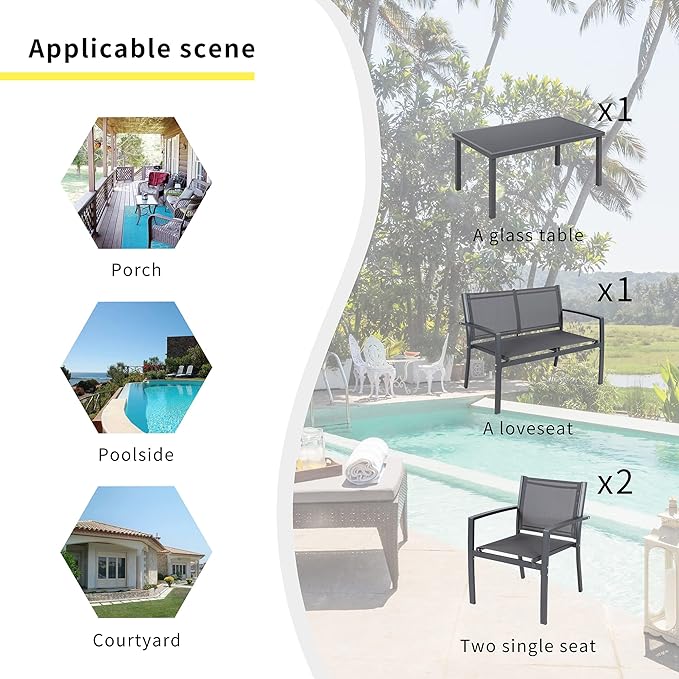 Shintenchi 4 Pieces Patio Furniture Set, Modern Design, Durable Steel Frame, Comfortable Textile Cushions, Easy to Move and Clean - LeafyLoom