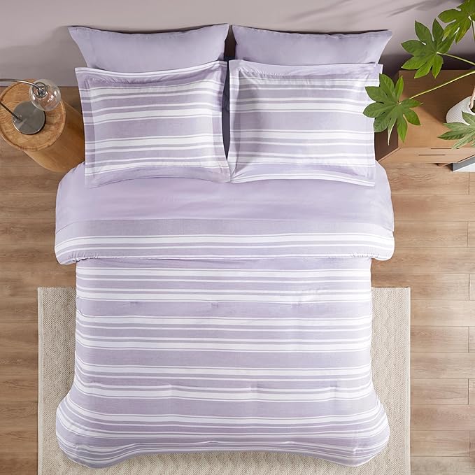 Codi Lavender Purple Queen Comforter Set with Sheets, Striped Bed in a Bag Reversible for All Seasons, Cationic Dyeing Bedding Sets with Comforter, Sheets, Pillowcases & Shams - LeafyLoom