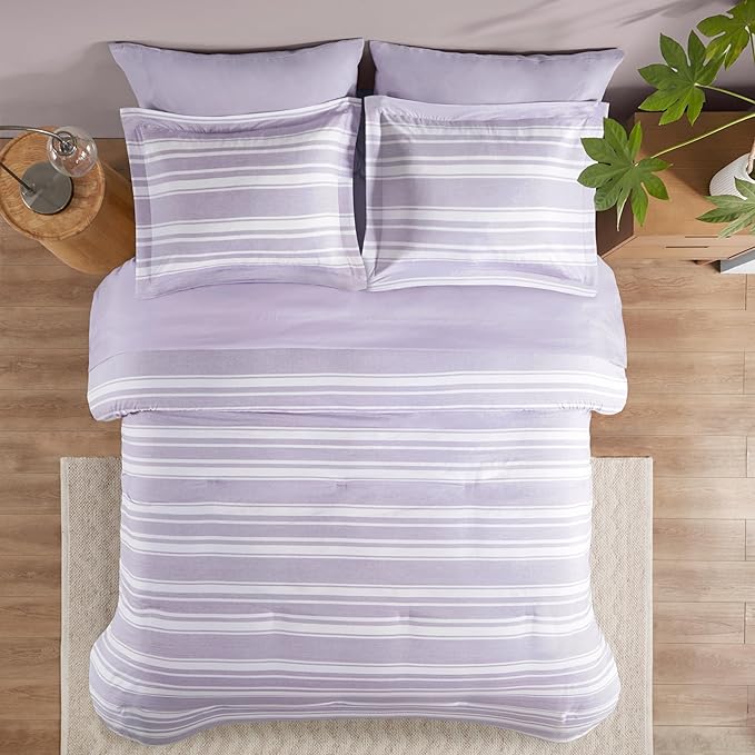 Codi Lavender Purple Queen Comforter Set with Sheets, Striped Bed in a Bag Reversible for All Seasons, Cationic Dyeing Bedding Sets with Comforter, Sheets, Pillowcases & Shams - LeafyLoom