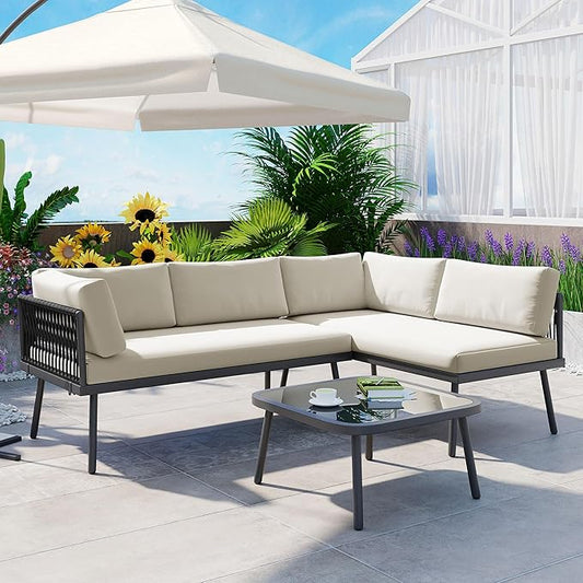 3-Piece Outdoor Patio Furniture PE Rattan Sofa Set, All Weather L-Shaped Sectional Couch with Removable Cushions and Glass Table, for Backyard Poolside Garden, Metal Frame, Onesize, Beige - LeafyLoom