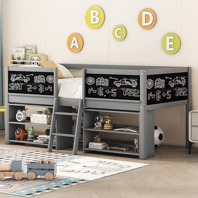 Twin Size Low loft Bed with Movable Shelves for Kids,Kids Low Loft Bed Frame with Guardrail Chalkboard and Storage,Solid Wood Loft Bed Twin for Boys,Girls(Gray) - LeafyLoom