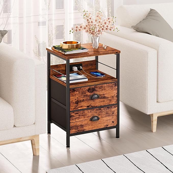 Furologee Nightstand Set of 2, Rustic Brown, with Charging Station and USB Ports, Side Tables with 2 Fabric Drawers, Bedside Tables with Storage Shelf & Hooks, for Living Room/Bedroom - LeafyLoom