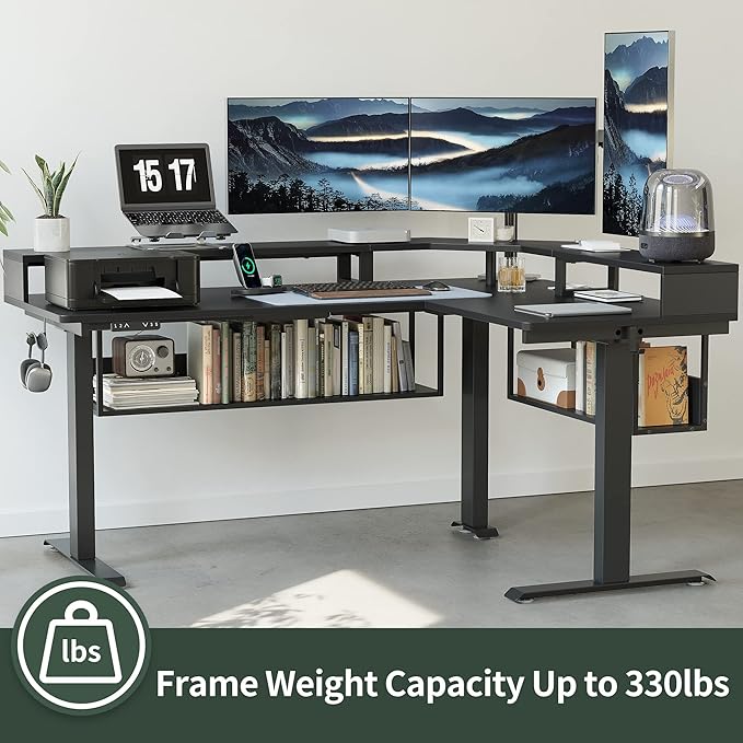 FEZIBO 63Inch L Shaped Standing Desk with Shelves, Large Storage Adjustable Desk with Triple Motors,Corner Desk Double Shelves with Light Strip, Black - LeafyLoom