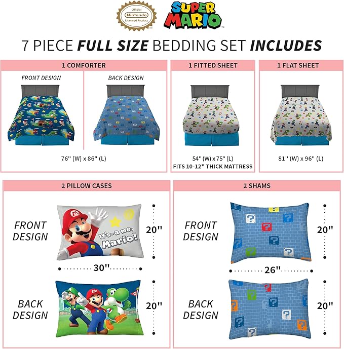 Franco Kids Bedding Super Soft Comforter and Sheet Set with Sham, 7 Piece Full Size, Mario - LeafyLoom