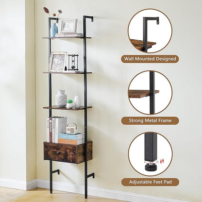 Tajsoon Ladder Shelf, Tall Bookcase with Storage Drawers, 4-Tier Wood Wall Mounted Bookshelf, Open Display Rack, Storage Shelves for Bedroom, Home Office, Collection, Plant Flower, Rustic Brown - LeafyLoom