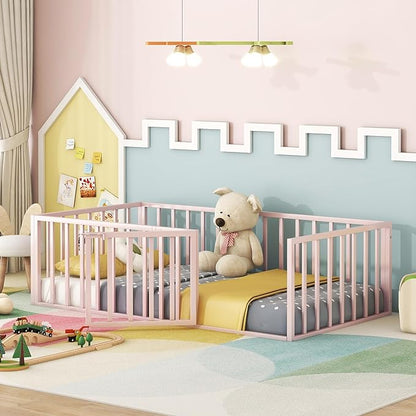 RITSU Twin Size Metal Floor Fence Bed, Montessori Bedframe, with Safety Guardrail and Door, for Children Bedroom, Boys Girls, Apartment, Strong & Durable, Easy to Assemble, Pink - LeafyLoom