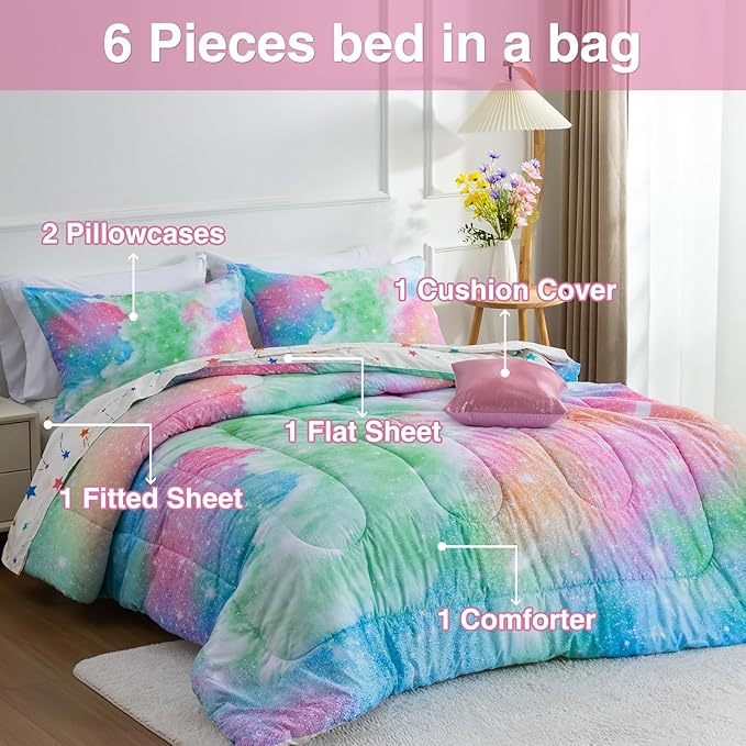 A Nice Night Galaxy 6pcs Kids Bed in a Bag Outer Space Comforter 3D Printed Space Quilt Set Glitter Pink Green Color,for Children Boy Girl Teen Kids,Twin - LeafyLoom